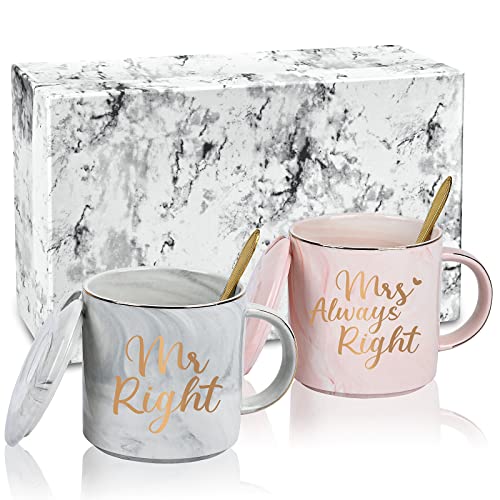 Joymaking Mr Right & Mrs Always Right Hochzeitsgeschenk, Kaffeetassen Set für Paare, Paare Geschenke für Freunde Brautdusche Verlobung Hochzeit Jahrestag Valentinstag (Rosa & Grau) 340ml von Joymaking