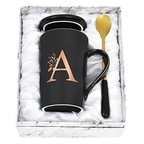 Joymaking Personalisierte Tasse mit Buchstaben Kaffeetasse mit Blumen Motiv, Namen Initiale persönliche Geschenke Kaffeetasse für Frauen Freundin, A - 400ml Schwarz von Joymaking