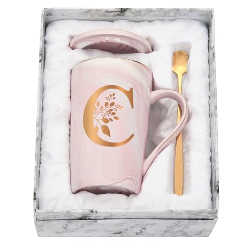 Joymaking Personalisierte Tasse mit Buchstaben Kaffeetasse mit Blumen Motiv, Namen Initiale persönliche Geschenke Kaffeetasse für Frauen Freundin, C - 400ml Rosa von Joymaking