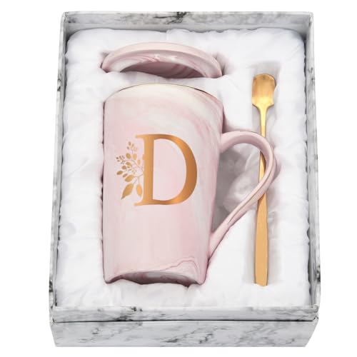 Joymaking Personalisierte Tasse mit Buchstaben Kaffeetasse mit Blumen Motiv, Namen Initiale persönliche Geschenke Kaffeetasse für Frauen Freundin, D - 400ml Rosa von Joymaking