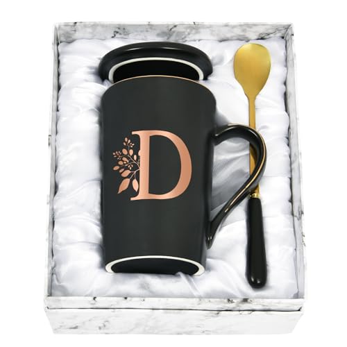 Joymaking Personalisierte Tasse mit Buchstaben Kaffeetasse mit Blumen Motiv, Namen Initiale persönliche Geschenke Kaffeetasse für Frauen Freundin, D - 400ml Schwarz von Joymaking