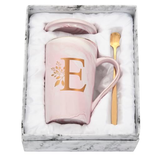 Joymaking Personalisierte Tasse mit Buchstaben Kaffeetasse mit Blumen Motiv, Namen Initiale persönliche Geschenke Kaffeetasse für Frauen Freundin, E - 400ml Rosa von Joymaking