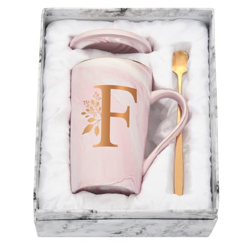 Joymaking Personalisierte Tasse mit Buchstaben Kaffeetasse mit Blumen Motiv, Namen Initiale persönliche Geschenke Kaffeetasse für Frauen Freundin, F - 400ml Rosa von Joymaking