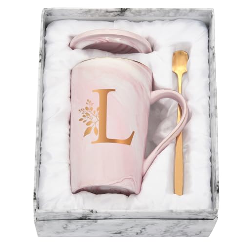 Joymaking Personalisierte Tasse mit Buchstaben Kaffeetasse mit Blumen Motiv, Namen Initiale persönliche Geschenke Kaffeetasse für Frauen Freundin, L - 400ml Rosa von Joymaking