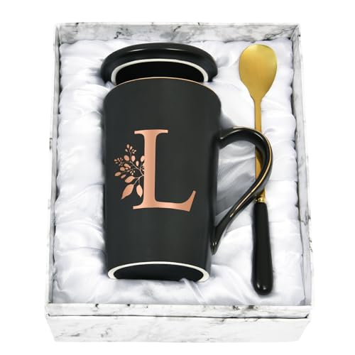 Joymaking Personalisierte Tasse mit Buchstaben Kaffeetasse mit Blumen Motiv, Namen Initiale persönliche Geschenke Kaffeetasse für Frauen Freundin, L - 400ml Schwarz von Joymaking