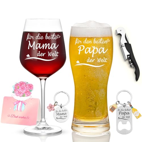 Joymaking Rotweinglas und Bierglas Set mit Gravur - Für Die Beste Mama&Den Besten Papa der Welt, Geschenke für Eltern Papa Mama, Personalisiertes Eltern Geschenk zum Muttertag Vatertag Geburtstag von Joymaking