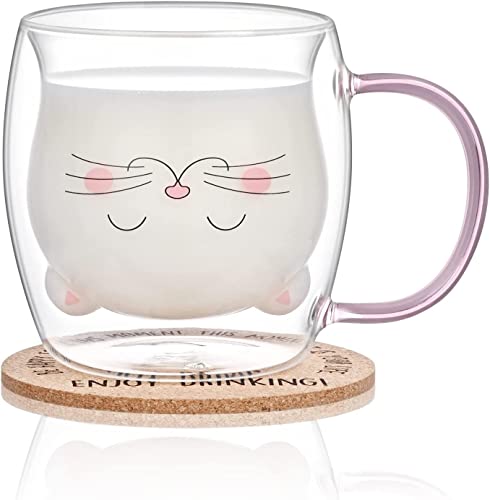 Joymaking Süße Tasse Katze, Thermogläser Doppelwandig Gläser mit Henkel & Untersetzer, Cappuccino Tassen Tee Gläser kaffeetassen Geschenke für Frauen Kinder zum Geburtstag Weihnachten Valentinstag von Joymaking