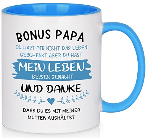 Joymaking Tasse mit Spruch - Bonus Papa - Kaffeetasse lustig Vatertagsgeschenk/Geschenkidee Geburtstag für Papa/Stiefvater Geschenk, Spülmaschinenfest Tasse, 11oz Blau von Joymaking