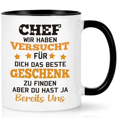 Joymaking Tasse mit Spruch - Chef wir haben versucht für dich das beste Geschenk zu finden - bester Chef Geschenk Kaffe Tasse für Chef Geburtstag, Abschiedgeschenk, 320ml Schwarz von Joymaking