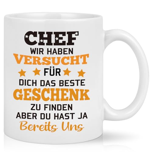 Joymaking Tasse mit Spruch - Chef wir haben versucht für dich das beste Geschenk zu finden - bester Chef Geschenk Kaffe Tasse für Chef Geburtstag, Abschiedgeschenk, 320ml Weiß von Joymaking