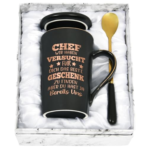 Joymaking Tasse mit Spruch - Chef wir haben versucht für dich das beste Geschenk zu finden - bester Chef Geschenk Kaffe Tasse für Chef Geburtstag, Abschiedgeschenk, 400ml Schwarz von Joymaking