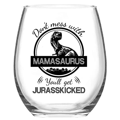 Joymaking Weinglas ohne Stiel mit Aufschrift "Don't Mess with Mamasaurus", lustiges Geburtstagsgeschenk für Mutter von Sohn, Tochter, beste Mutter, Geschenke für Frauen, 425 ml von Joymaking