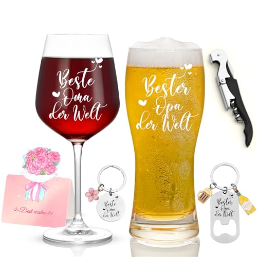 Joymaking Weinglas und Bierglas Set Mit Gravur - Beste Oma & Bester Opa der Welt, Geschenke für Großeltern zum Muttertag Vatertag Weihnachten Geburtstag Hochzeit Jahrestag von Joymaking