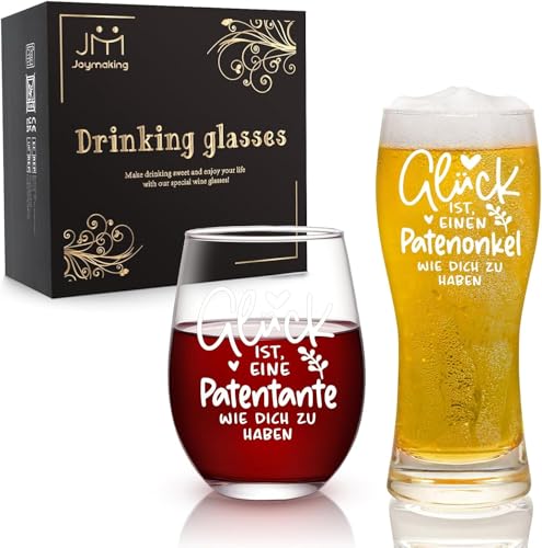Joymaking Weinglas & Bierglas Set mit Gravur, Patentante Geschenk, Patenonkel Geschenk, Geschenke für Pateneltern zum Muttertag Vatertag Geburtstag 500ml von Joymaking