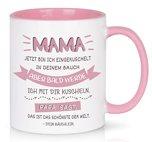 Kaffeetasse Schwangerschaft Geschenke für Mutter einzigartig Geschenkidee für Schwangere, schöner Spruch Geschenk werdende Mutter Kaffeetasse - Mama jetzt bin Ich eingekuschelt in deinem Bauch, rosa von Joymaking