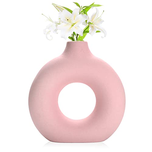 Donut-Vase, runde Vase, hohle Vase, moderne matte Keramikvase für Eingangsbereich, Wohnzimmer, Schlafzimmer, Esstisch, Tafelaufsatz, Büro, Heimdekoration (rosa - 19 cm) von Joynisy