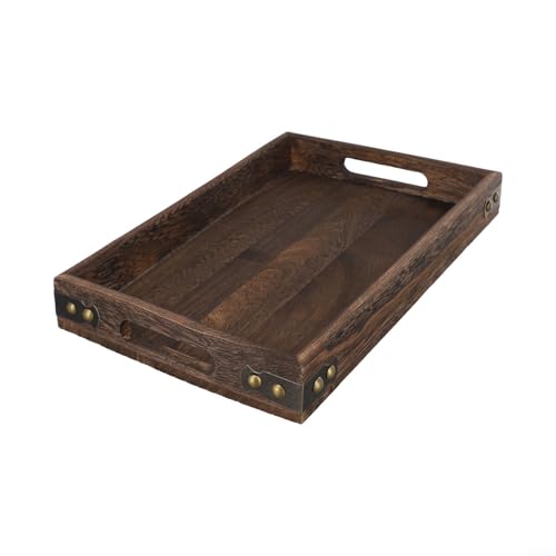 Massivholz-Serviertablett mit Griff, elegante Retro-Holzplatten mit Eisenecken für Frühstück, Snacks, Couchtisch, leicht zu reinigen (S 32 x 20 x 4 cm) von JoyousMall