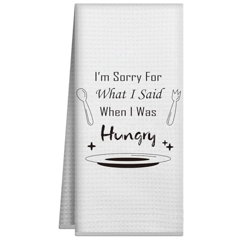 Joyriza Dekoratives Küchentuch mit Aufschrift "I'm Sorry for What I Said When I was Hungry", lustiges Geschirrtuch für Frauen und Freunde, Waffelgeschirrtücher mit humorvollem Spruch, 40,6 x 61 cm von Joyriza