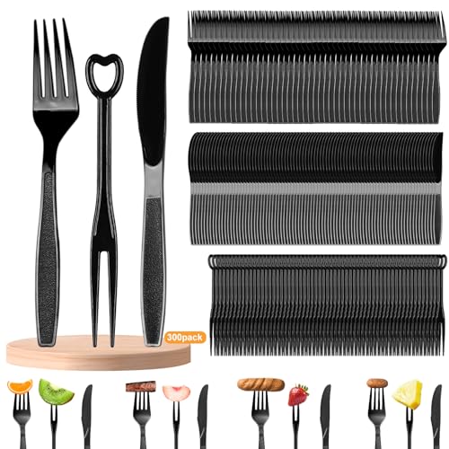 300 Stück Plastikbesteck Schwarz Set, Enthalten Plastikgabeln, Kleine Obstgabel, Plastik Messer, Party Besteck Plastik für Familienfeiern, Outdoor Dinner wiederverwendbar Geschirr von Joyseedi
