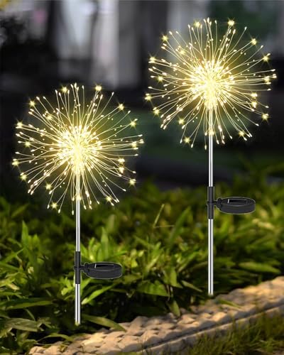 Joysing Gartendeko Solar Gartenleuchte Außen, 2 Stück 120 LED Solarleuchten Feuerwerk, 8 Modi Solar Pusteblume Gartenstecker Wasserdicht Solarlampen für Garten Rasen Terrasse Deko - Warmweiß von Joysing