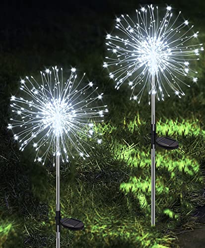 Joysing Gartendeko Solar Gartenleuchte Außen, 2 Stück 120 LED Solarleuchten Feuerwerk, 8 Modi Solar Pusteblume Gartenstecker Wasserdicht Solarlampen für Garten Balkon Terrasse - Kaltweiß von Joysing