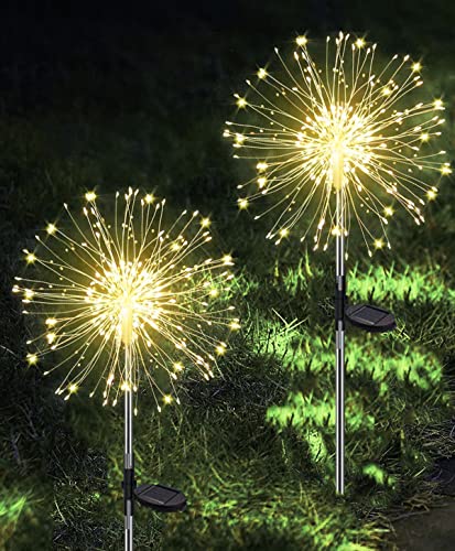 Joysing Gartendeko Solar Gartenleuchte Außen, 2 Stück 150 LED Solarleuchten Feuerwerk, 8 Modi Solar Pusteblume Gartenstecker Wasserdicht Solarlampen für Garten Balkon Terrasse - Warmweiß von Joysing