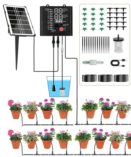 Joysing Solar Bewässerungssystem Automatische Bewässerungssystem Garten mit 12 Timer Modi, Anti-Siphon Tröpfchenbewässerung System 15M Automatische Bewässerung für Garten Balkon Gewächshaus Pflanzen von Joysing