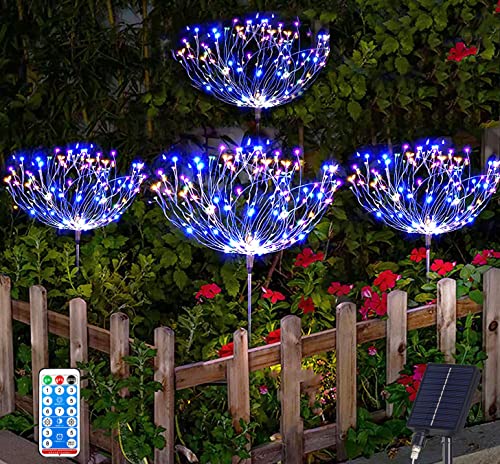 Joysing Gartendeko Solar Gartenleuchte Außen, 4 x 120 LED Solar Feuerwerk Lichter mit Fernbedienung, 8 Modi Gartenstecker Solar Lichter Wasserdicht Solarlampen für Garten Rasen Terrasse (Mehrfarbig) von Joysing