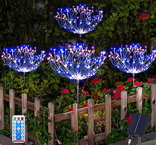 Joysing Gartendeko Solar Gartenleuchte Außen, 4 x 120 LED Feuerwerk Lichter Mit Fernbedienung, 8 Modi Gartenstecker Lichter Wasserdicht für Garten Rasen Terrasse (Mehrfarbig) von Joysing