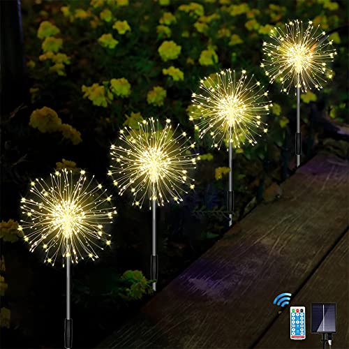 Joysing Gartendeko Solar Gartenleuchte Außen, 4 x 120 LED Solar Feuerwerk Lichter mit Fernbedienung, 8 Modi Gartenstecker Solar Lichter Wasserdicht Solarlampen für Garten Terrasse Deko Warmweiß von Joysing