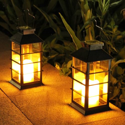 Joysing Solarlampen für Außen Hängend 2 Stück Solar Laternen für Draußen, IP44 Wasserdicht Solar Laterne Gartendeko mit Flacker Effek, Vintage Solarlaterne für Terrasse Patio Garten Deko von Joysing