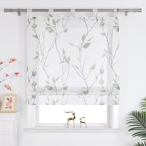 Joyswahl Raffrollo mit Schlaufen Landhausstil Raffgardinen Wohnzimmer Schlaufenrollo Fenster Vorhänge Transparent mit Blatt- und Blumenmuster BxH 140x140 cm Grün 1er Pack von Joyswahl