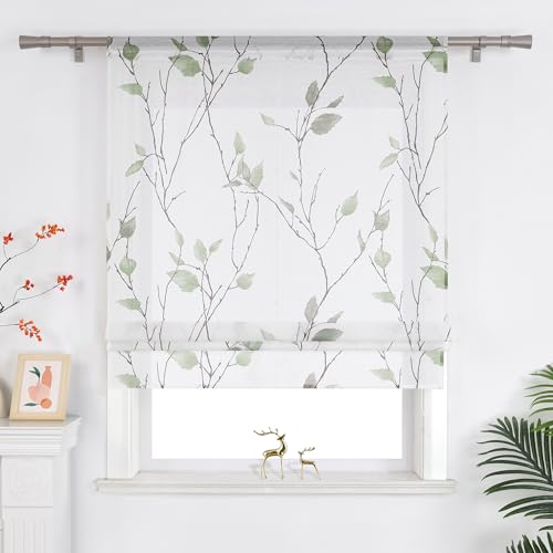 Joyswahl Raffrollo mit Tunnelzug Landhausstil Raffgardinen Wohnzimmer Weiß Fenster Vorhänge Transparent mit Blatt- und Blumenmuster BxH 80x140 cm Grün 1er Pack von Joyswahl