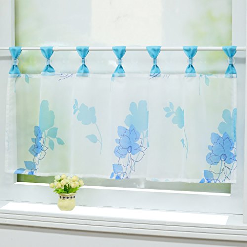 Joyswahl Scheibengardine Voile Bistrogardine Maria mit Blumenmotive Transparente Kurzstore HxB 30x90cm Blau 1er Pack von Joyswahl