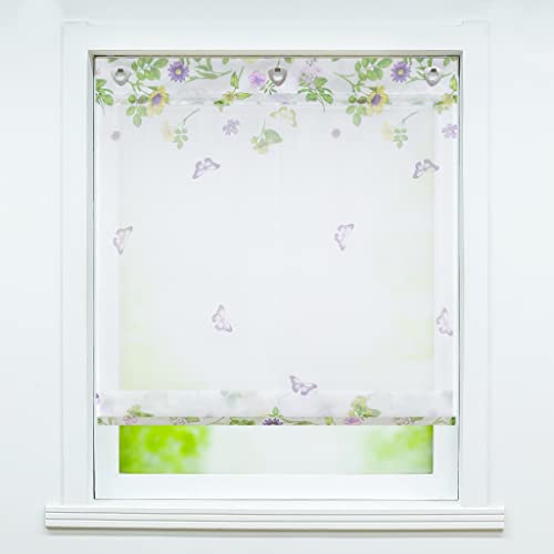 Joyswahl Viole Raffrollo mit Blumen-Schmetterlingdruck fabenfrohe halbtransparent Bändchenrollo mit U-Haken 1er,BxH 100x140cm von Joyswahl