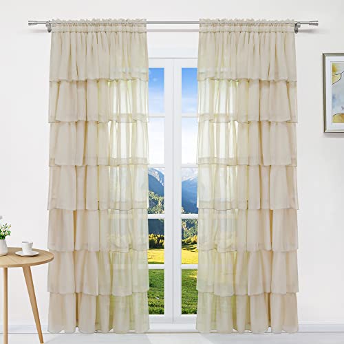 Joyswahl Voile Gardine mit Romantischen Rüschen Design transparenter Vorhange mit Viele Fach schön Dekoschal mit Tunnelzug Sand BxH 140x220cm 1 Stück von Joyswahl