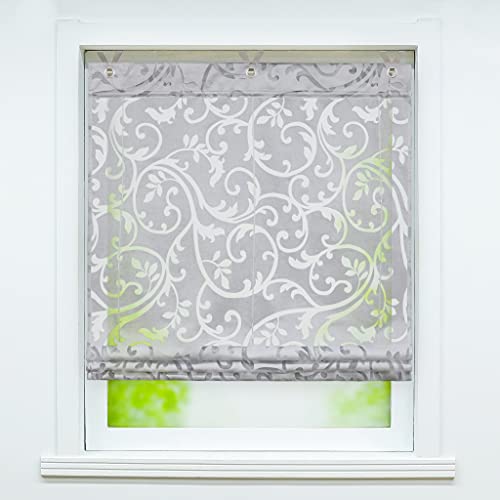 Joyswahl Voile Ösenrollo Transparenter Raffrollo mit Blumen Ausbrennerqualität »Jesscia« Schals Fenster Gardine mit Hakenaufhängung, Raffrollo ohne Bohren BxH 45x130cm, Grau 1 Stück von Joyswahl