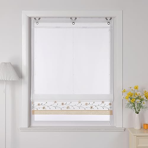 Joyswahl Voile Raffrollo Blumenmuster Raffgardinen mit Schlaufen Fenster Vorhänge Wohnzimmer Gardinenschal Transparent Rollo mit Stickerei BxH 100x150cm Beige 1 Stück von Joyswahl