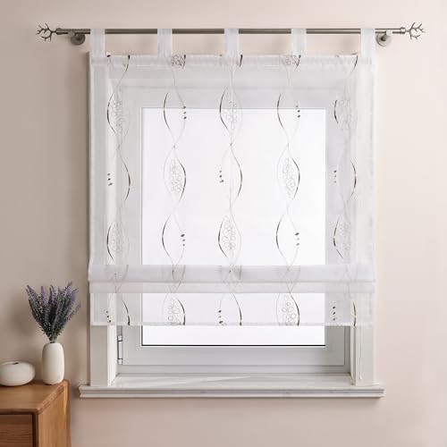 Joyswahl Voile Raffrollo mit Schlaufen Weiß Raffgardinen Wohnzimmer Fenster Vorhänge Bestickt Bändchenrollo »Amelie« Transparent Modern BxH 100x140cm Braun 1er Pack von Joyswahl