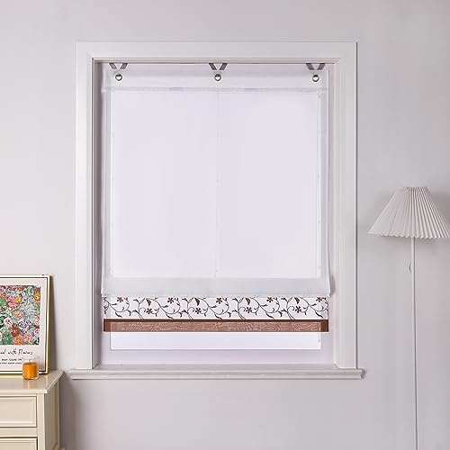 Joyswahl Voile Raffrollo ohne Bohren Raffgardinen mit Ösen Fenster Vorhänge Wohnzimmer Gardinenschal Transparent Rollo Bestickt BxH 100x150cm Braun 1 Stück von Joyswahl