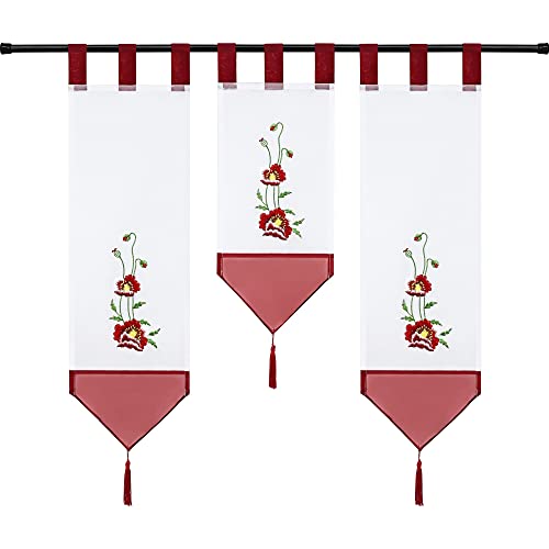 Joyswahl Voile Scheibengardine Miniflächenvorhänge mit Schlaufen Küchengardine mit Folral Stickerei Muster 3er Set Kurzstore Bistrogardine Rot (20 cm breit, 1 x 50 cm Länge und 2 x 70 cm Länge) von Joyswahl