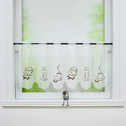 Joyswahl Voile Scheibengardine mit Kaffee-Stickerei transparente Bistrogardine Küche Kurzstore HxB 60x120cm Weiß 1 Stück von Joyswahl