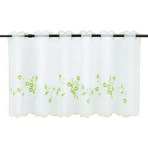 Joyswahl Voile Scheibengardine weiß Bistrogardine mit Stickerei Blumen Muster »Felizia« Landhausstil Kurzstore HxB 45x120cm Grün 1er Pack von Joyswahl