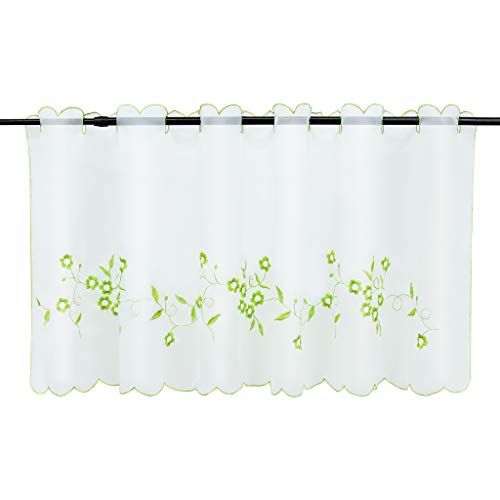 Joyswahl Voile Scheibengardine weiß Bistrogardine mit Stickerei Blumen Muster »Felizia« Landhausstil Kurzstore HxB 45x120cm Grün 1er Pack von Joyswahl