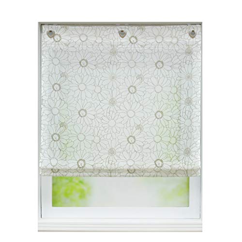 Joyswahl Voile ösenrollo halptransparenter Raffrollo mit Fensterhaken Design mit Blumen Muster »Ellen« Schals Fenster Rollos BxH 100x140cm Kaffee 1er Pack von Joyswahl