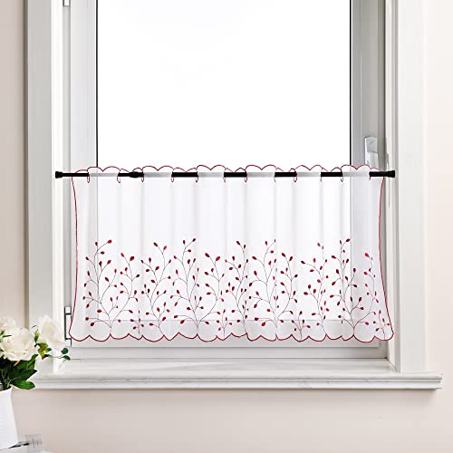 Joyswahl transparente Scheibengardine mit Blumenstickerei »Leon« Voile Bistrogardine mit Lochleiste Unifarbige Landhausstil Kurzstore HxB 30x120cm Rot1er Pack von Joyswahl