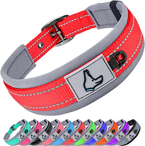Joytale Hundehalsband, Weich Gepolstert Neopren Halsbänder für Mittlere Hunde, Nylon Reflektierend Breit Halsband Hund, Rot von Joytale