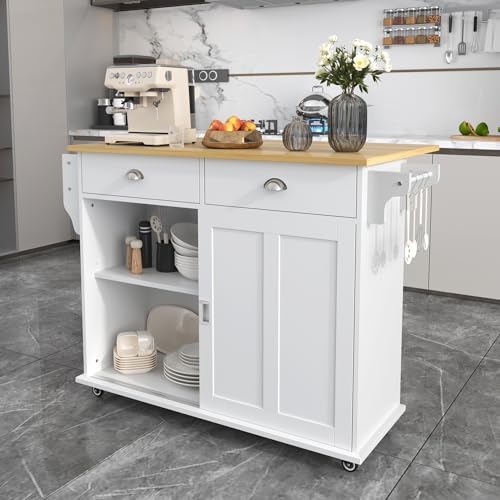 Joyviva Esszimmerwagen/Sideboard, 112x40(70) x94 cm, weiß, klappbare Arbeitsplatte in Massivholzoptik mit Stauraumtüren, Rollen und austauschbaren Massivholzfüßen, geeignet für Küchen und Esszimmer von Joyviva
