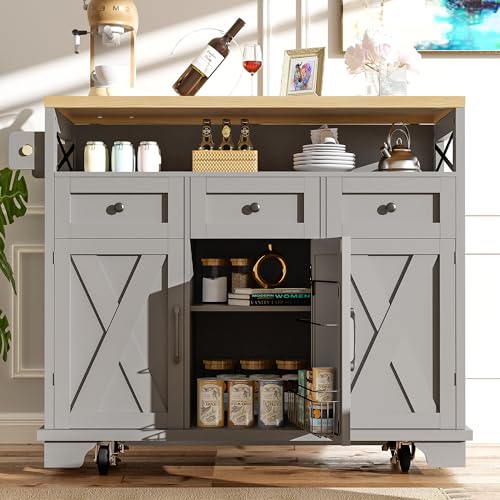 Joyviva Moderne Kücheninsel (118×43-80×98cm) Küchenschrank Essschrank mit Holzmaserung Esswagen mit Rädern, mit multifunktionalem Stauraum, herausnehmbaren Trennwänden, mit Handtuchhalter, grau von Joyviva