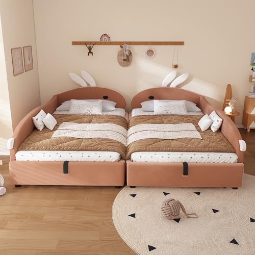 Joyviva Polsterbett, Kombiniertes Kinderbett, Niedliches Häschen-Kopfteil, Hydraulisches Bett mit Stauraum, Erhöhter weicher Zaun, Samt, Rosa+Weiß, 90x200cm*2 von Joyviva